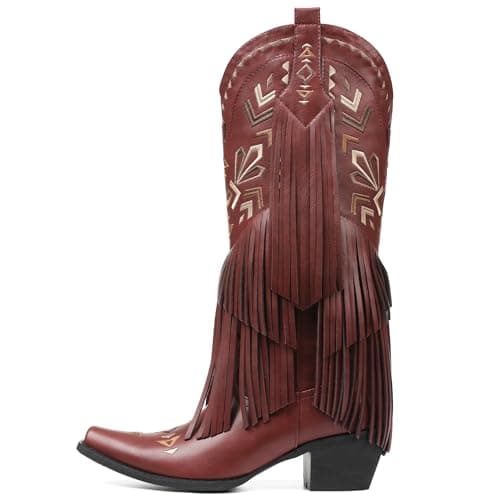 SaraIris Women's Red Cowgirl Boots Knee High Fringe Tassel Western Pointed Toe Wide Calf Cowboy Boots for Women - Thumbnail 3