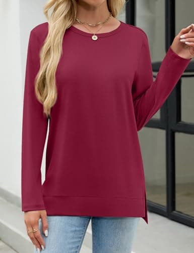 JUSTFASHIONNOW Womens Long Sleeve Crew Neck Shirts Side Split Lightweight Loose Tunic Tops Business Casual 2025 Clothes(Wine Red,X-Large) - Thumbnail 2