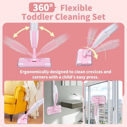Lullulii Kids Spray Mop,Fun & Functional Toddler Cleaning Set,Real Working Mop for Floors,Pretend Play – Includes Spray Bottle, 2 Washable Microfiber Pads, Montessori Kids Cleaning Toy Set -Pink - Thumbnail 4