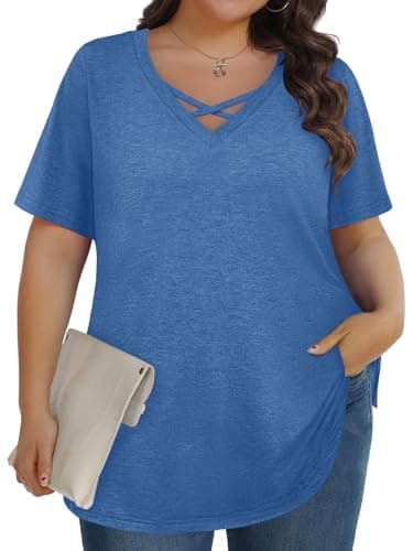 Plus Size Summer Spring Tops Clothes Womens Fashion Clothing Oversized V Neck Short Sleeve T Shirts Blouses for Women Beach Travel Cruise Essentials Vacation Easter Outfits 2026 Blue 3XL - Thumbnail 2