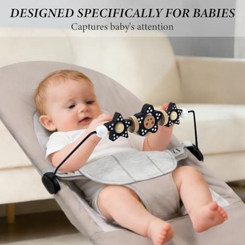 Baby Bjorn Bouncer Toy Bar Wooden Compatible with Baby Bjorn Bouncers, Attach Tight and Secure Fit, Easy to Remove, So Fun to Watch, Touch and Spin for Babies All Ages (Black and White Flower) - Thumbnail 2