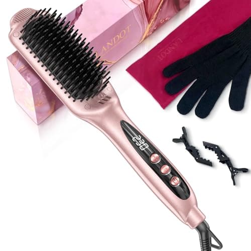 LANDOT Ionic Hair Straightener Brush – Ceramic Straightening Brush with 12 Heat Settings (250-450°F) for Smooth & Shiny Results, Ideal for Medium & Long Women Hair, Dual Voltage, Rose Gold - Image 1