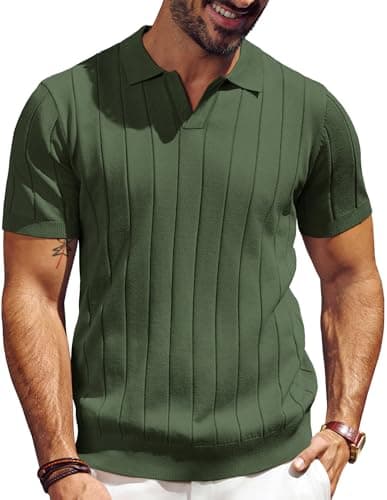 PJ PAUL JONES Mens Polo Shirts Short Sleeve Textured Knit Shirts Collared V Neck Ribbed Polo Shirts Army Green - Image 1