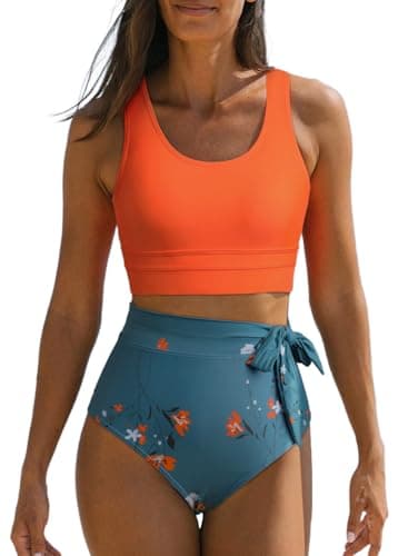 Dokotoo Womens 2 Piece Swimsuit Scoop Neck Sleeveless Racerback 2026 Tummy Control Resort Wear Tie Knot Flattering Bathing Suits Long Lined Floral Bikini Orange Medium - Image 1