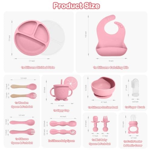 Baby Led Weaning Supplies, 17 Piece BPA-Free Silicone Feeding Set, Eating Essentials Baby Utensils with Suction Plate and Bowl, Pocket Bib, Sippy Cup with Lid, for 6+ Months, Pink - Thumbnail 2