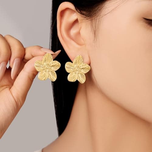EINNULEIN Gold Flower Earrings 18K Gold Plated Flower Statement earring For Women Trendy Floral Stud Earrings Hypoallergenic Jewelry Gifts for Her - Thumbnail 3