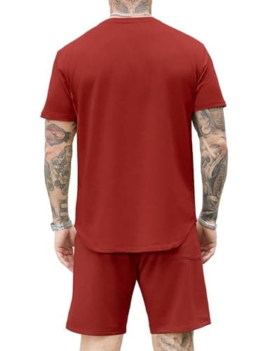 JEMLDL Lounge Sets for Men 2 Piece Summer Casual Outfits Short Sleeve Shirt & Shorts Matching Set Sweat Suit Vacation Clothing Red M - Thumbnail 4