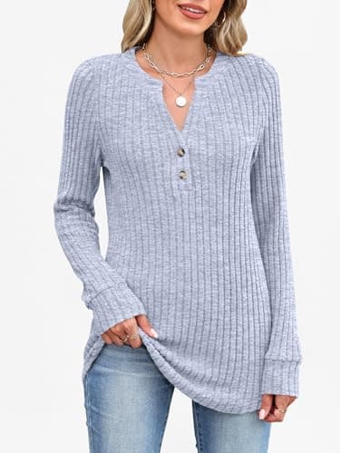 ANRABESS Womens Henley Shirts Long Sleeve Tunic Tops 2025 Fall Fashion Outfits Ribbed Knit Sweaters Ladies Casual Clothes Blue - Thumbnail 2