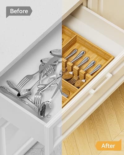 Yofidra Bamboo Silverware Organizer, 16.3″x12.24″x2.6″ Kitchen Utensil Drawer Organizer, Silverware Tray for Drawer with Fixed Slots for Spoons, Forks & Knives, Natural - Thumbnail 6