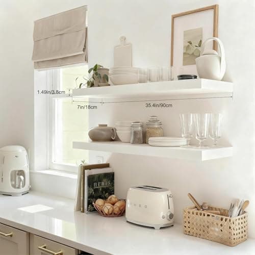 Mifurn Floating Shelves for Wall, Bathroom Shelves Over Toilet, Wall Shelves & Book Shelf for Room, Hanging Shelf, Modern Wooden Mounted Floating Shelves, 36x7x1.5 in (White, Set of 2) - Thumbnail 4