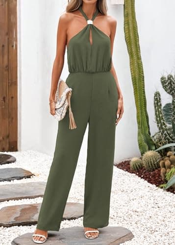 Lazysmile Summer Jumpsuits for Women Sleeveless Halter Backless Pants Romper Dressy Wide Legs One Piece Outfits - Thumbnail 3