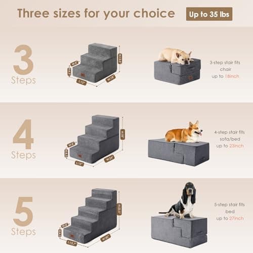 EHEYCIGA Dog Stairs for Small Dogs 13.5" H, 3-Step Dog Steps for Couch Sofa and Chair, Pet Steps for Medium Cats, Non-Slip Balanced Pet Ramp Indoor, Grey - Thumbnail 2
