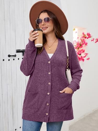 AusLook Plus Size Women Long Sleeve Cardigan Purple 5X Open Front Button Down Lightweight Casual Sweater Cover Ups Shrugs Shawls and Wraps Kimono Jacket Coat with Pockets - Thumbnail 3