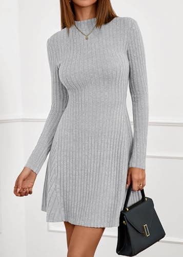 KIRUNDO Sweater Dress for Women 2026 Spring Fall Long Sleeve Mock Turtleneck A Line Fit and Flare Ribbed Knit Short Dresses(Grey, X-Small) - Thumbnail 3