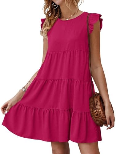 KIRUNDO Valentines Dress for Women Summer Sleeveless Ruffle Sleeve Round Neck Loose Short Flowy Pleated Mini Babydoll Sundresses(Rose Red, Medium) - Image 1