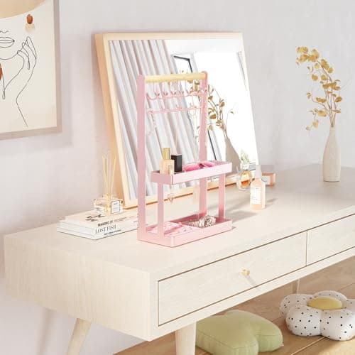 Lolalet 4-Tier Jewelry Organizer Stand with 12 Hooks, Necklace Bracelet Ring & Sunglasses Holder, Cute Metal Jewelry Storage Rack for Vanity, Dresser or Entryway, No Assembly -Pink - Thumbnail 4