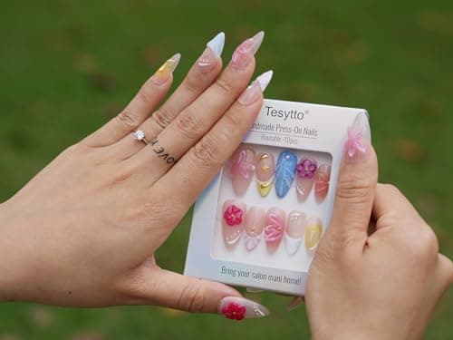 Tesytto Handmade Press on Nails 3D Floral Carved Medium Almond Fake Nails French Tips, Multi-Layer Gel Acrylic Nails for Women Nail Art (Sheer Floral Glow,M) - Thumbnail 3