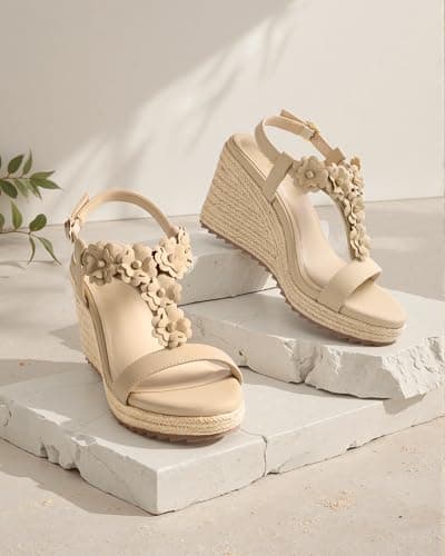 Ankis Wedge Sandals for Women, Nude Espadrille Womens Wedge Sandals Comfortable Open Toe T Strap High Heel Wedges for Women Dressy Summer -3.4Inch - Thumbnail 3