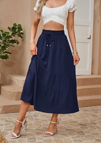 ECOWISH Women Boho Maxi Skirt: Summer Asymmetric Tiered Drawstring Elastic High Waist A-Line Flowy Long Skirts with Pockets 441 Navy Blue XL - Thumbnail 2