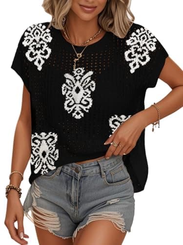 Bellcoco Crochet Tops for Women Summer Vacation Outfits Beach Cover Ups Cute Hollow Out Pullover Sweater Vest Cap Sleeve Clothes 2026 Boho Printed Black Small - Image 1