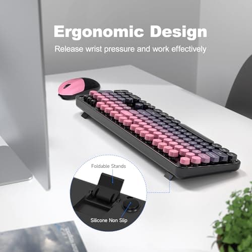 MOFII Wireless Keyboard and Mouse Combo, Retro Typewriter Keyboard with Colorful Round Keycaps, 2.4GHz USB Plug Play Connection for PC Laptop Windows XP/7/8/10 (Berry Pink) - Thumbnail 3