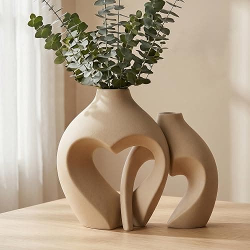 Brown Ceramic Flower Vases Home Decor Heart Shaped Vase Set of 2 Nordic Heart Shaped Vases, Minimalist Decorative Vase for Table Centerpiece Wedding Dining Living Room Office House Decoration - Image 1