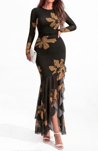 BTFBM Women's Maxi Dresses Fall 2026 Long Sleeve Bodycon Floral Ruffle Cocktail Wedding Guest Dress Concert Outfits(Floral Black Yellow,XX-Large) - Thumbnail 2