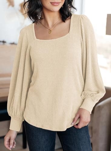 Dokotoo Sweatshirt for Women Long Sleeve Knit Shirts Color Block Tunic Blouses Casual Sweatshirts Womens Fall Fashion 2024 Apricot X-Large - Thumbnail 3