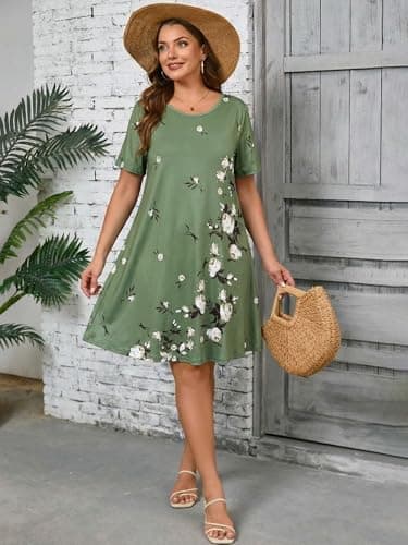 AusLook Plus Size Floral Midi Dress for Women Casual Summer Short Sleeve A Line Swing 5X Dress with Pockets Round Neck Flowy Knee Length T Shirt Vacation Beach Sundress - Thumbnail 4