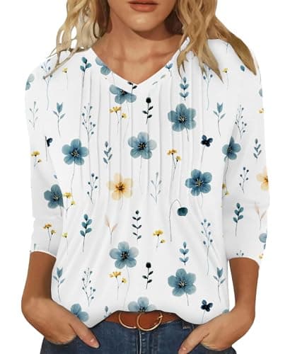 IEEILULU 3/4 Length Sleeve Womens Tops V Neck T Shirts Casual Pleated Tunic for Women Fashion Loose Blouses White M - Image 1