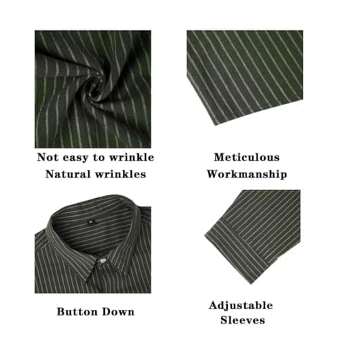 BAYAMO Men's Button-Down Striped Shirts Casual Long Sleeve Cotton Linen Collared Shirts Fashion Business Dress Shirt Green L - Thumbnail 6