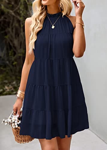 KIRUNDO Summer Sundresses for Women Spring Halter Flowy Babydoll Tiered Pleated Beach Wedding Guest Vacation Cruise Dress (Navy, Small) - Thumbnail 2