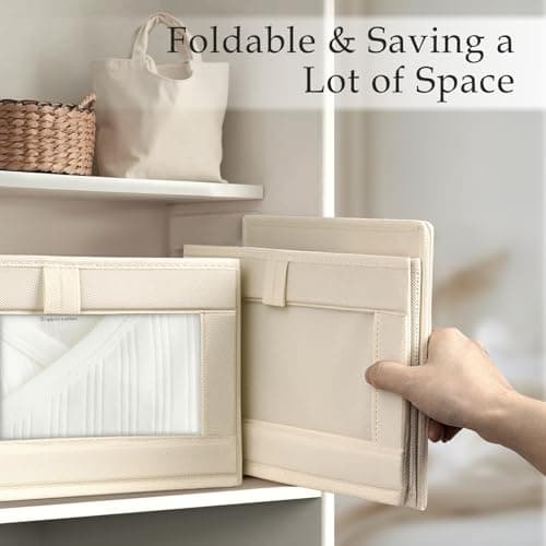 Criusia Closet Organizers and Storage, 4 Pack Linen Closet Baskets with Mesh Window for Organization, Foldable Closet Organizer for Clothing, Towels, Toys, Nursery, Books, Shelves, Beige - Thumbnail 5