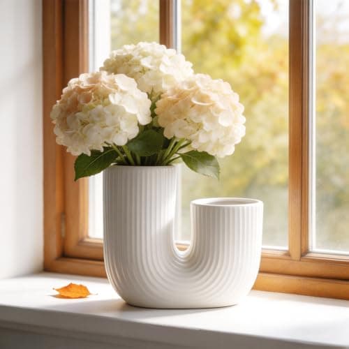 ISTOOLL U-Shaped Ceramic Vase for Table Decor, White Double mouthed Vases for Centerpiece for Living Room, Coffee Table Decor, Kitchen, and Office - Thumbnail 5