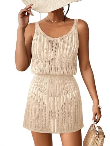 ATHMILE Summer Crochet Dresses for Women Beach Vacation Clothes Bathing Suit Cover Up V Neck Swimsuit Spring Knit Clothes Cream - Image 1
