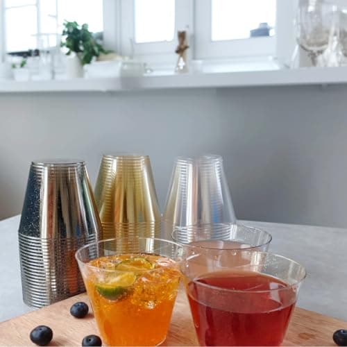KINGSUSLAY 50 Pack Plastic Cups, 9 oz Glitter Disposable Gold Cups, Clear Plastic Tumblers and Clear Party Cup for Weddings, Birthday,Thanksgiving, Christmas,etc. - Thumbnail 6
