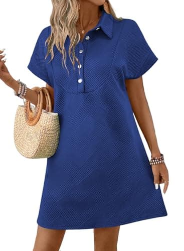 Acelitt Spring Summer Lapel Collared Dresses for Women 2026 Business Casual Work Batwing Short Sleeve Mini Dress Beach Sundress Vacation Outfits Blue Medium