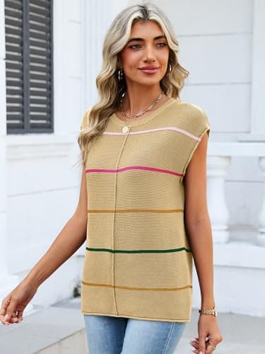 Bellcoco Womens Cap Sleeve Summer Tops Striped Sweater Vest Lightweight Casual Crewneck Loose Knit Pullover Tank Top Beach Vacation Outfits Apricot L - Thumbnail 3