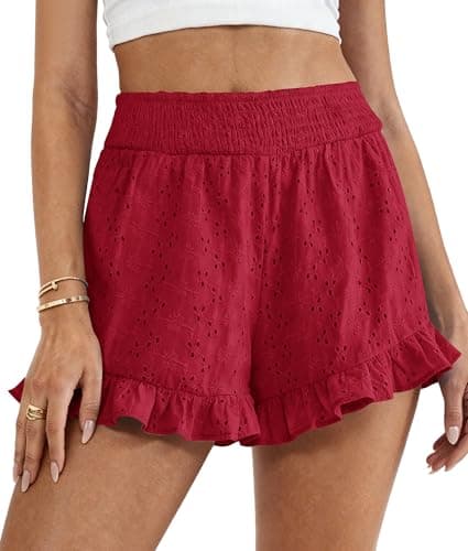 PRETTYGARDEN Shorts for Women Summer 2026 Beach Vacation Clothes Spring Elastic Waist Embroidered Ruffle Shorts with Pockets(Red,X-Large) - Image 1
