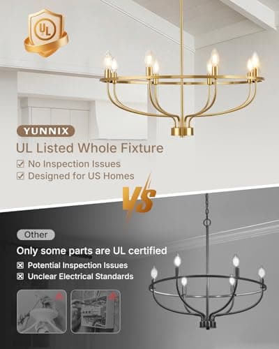 Yunnix 8 Light Gold Chandeliers for Dining Room, Gold Dining Room Chandelier with Extension Chain, UL Listed, Gold Modern Farmhouse Chandelier for Bedroom, Kitchen, Entryway, Foyer Light Fixture - Thumbnail 2