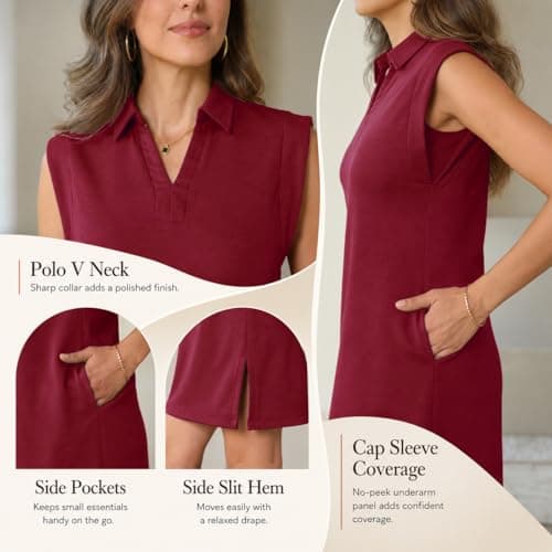 BEXIBOOM Travel Dress with Pockets for Women, Casual Summer T Shirt Dress, V Neck Polo Collared Cap Sleeve Knee Length Loose Fit Dress Burgundy-2XL - Thumbnail 5