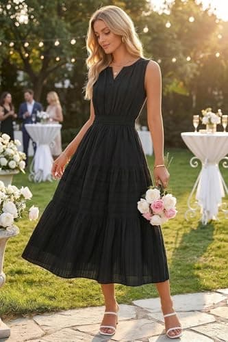 Autumn Flowerwall Women's Summer Maxi Dress Sleeveless Premium Lyocell Breathable Smocked Elastic Waist Tiered Flowy Long Dress with Pockets Beach Vacation Wedding Guest Garden Party Black XL - Thumbnail 3