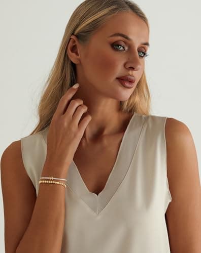 14K Gold Plated Bracelets for Women Dainty Tennis Initial Bracelet Trendy Beaded Stackable Charm Bracelets Layered Waterproof Bracelet Dainty Bracelet for Women Jewelry Gifts （H - Thumbnail 2
