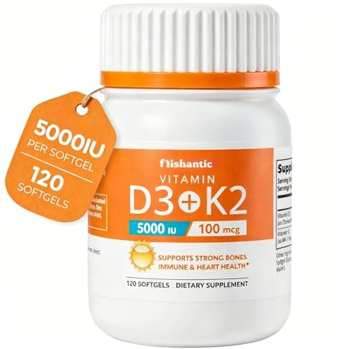Frishantic Vitamin D3 K2 5000IU 100mcg MK-7, 2-in-1 Vitamin D3 and K2 Combined Supplements, High Absorption Formula, Better Bone,Immune Support, Easy to Swallow, One Daily, 120 Day Supply