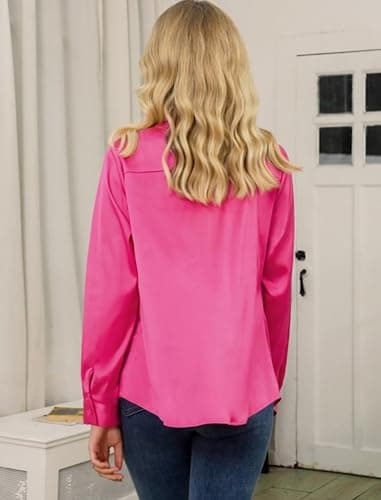 Neweek Womens Soft Satin Silk Button Down Silky Long Sleeve Work Shirt Collared Loose Blouses Tops Rose Red - Thumbnail 3