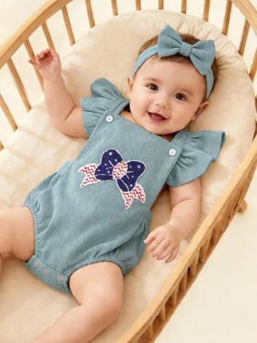GEMLON Baby Girl 4th of July Outfit Ruffled Sleeveless Embroidery Preemie Bodysuit with Headband 3-6 Month Girl Clothes - Thumbnail 3