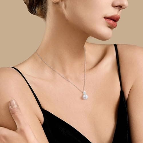 Juvux Necklaces for Women Pearl Pendant Necklace-S925 Sterling Silver Necklace 10mm Pearl Trendy Charm Jewelry for Women Gifts for Anniversary Wedding Birthday (CZ Silver) - Thumbnail 2