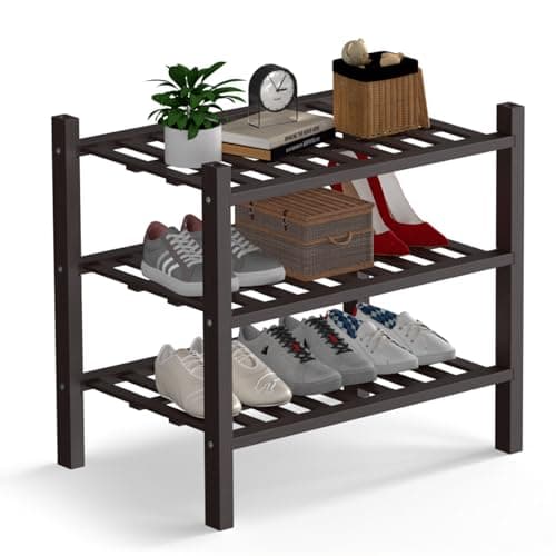 Haddockway Small 3 Tier Bamboo Shoe Rack Storage Organizer, Multifunctional Free Standing Stackable Shoe Shelf with Grid Panel for Closet,Hallway,Entryway,Small Space 18"x11"x17" - Image 1