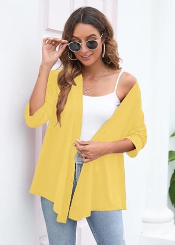 Heymoments Cardigan for Women Draped Yellow XXX-Large Open-Front 3/4 Sleeve Lightweight Casual Soft Drape Summer Fall Kimonos Cardigans - Thumbnail 2