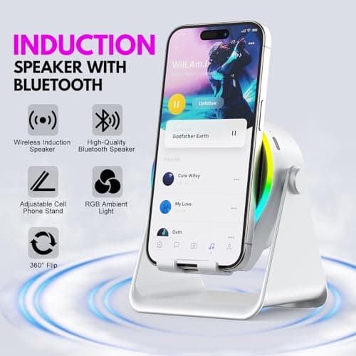 Wireless Induction Speaker, 4 in 1 Bluetooth Speaker Phone Stand with RGB Light, 360° Rotation Phone Holder Compatible with iPhone Android iPad Samsung Galaxy, Ideal Birthday Gift for Men Women - Thumbnail 3